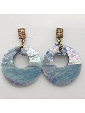 Mother-Of-Pearl on Acrylic Hoop Earrings Gold-Tone Accents & Bead Details VTG